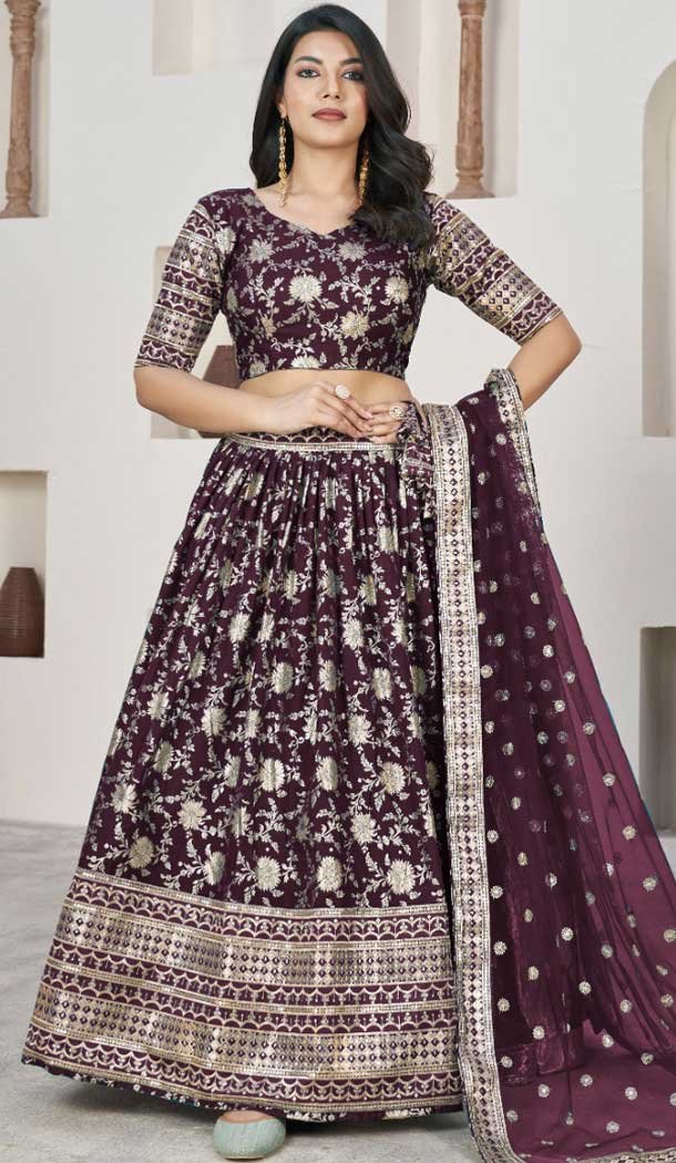 Jacquard Embroidery Work Designer Wear Lehenga Choli In Wine – 9892191079