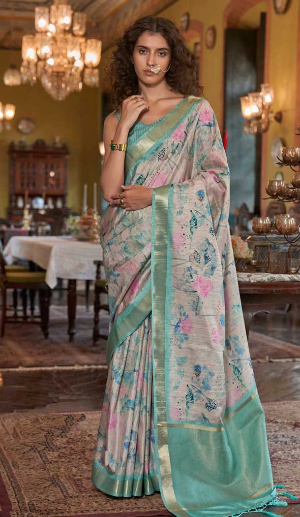 Banarasi Silk Printed Party Wear Saree In Sky Blue – 9896191115