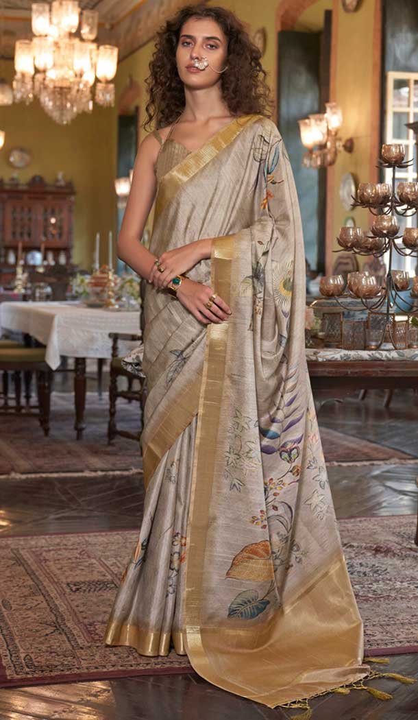 Banarasi Silk Printed Party Wear Saree In Grey – 9896191117