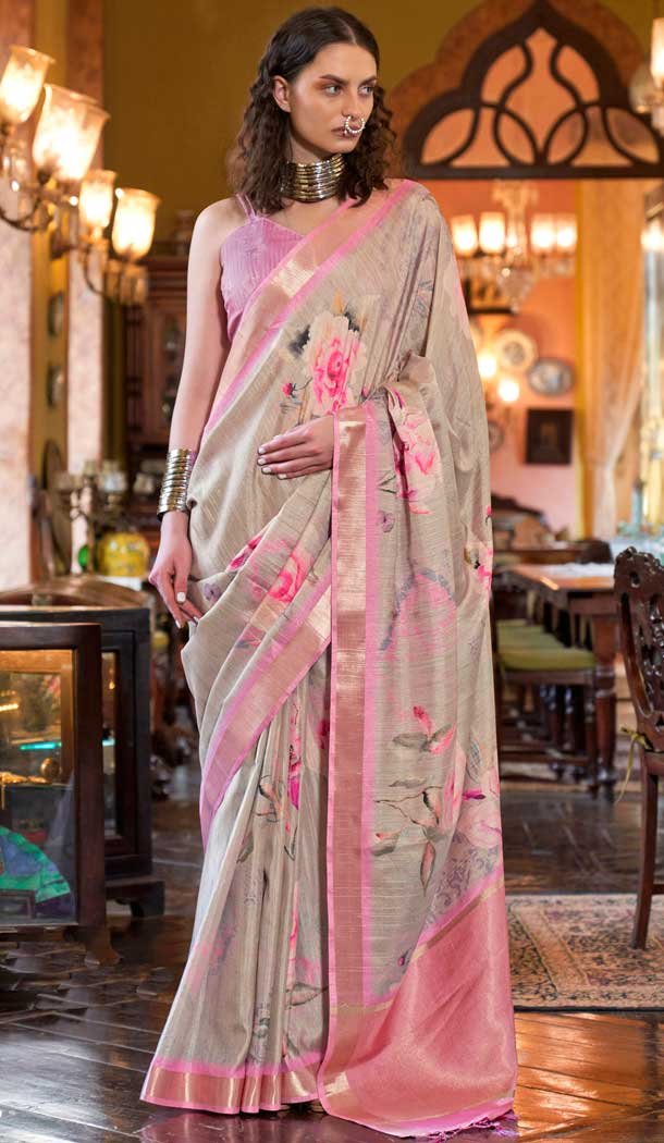 Light Grey And Pink Banarasi Silk Printed Party Wear Saree – 9896191118