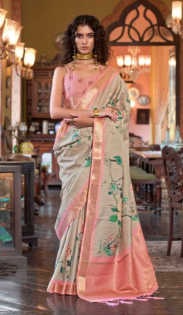 Banarasi Silk Printed Party Wear Saree In Dusty Beige – 9896191120