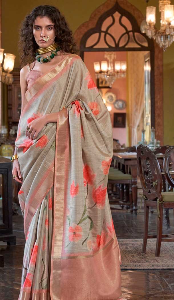 Banarasi Silk Printed Party Wear Saree In Light Grey – 9896191121