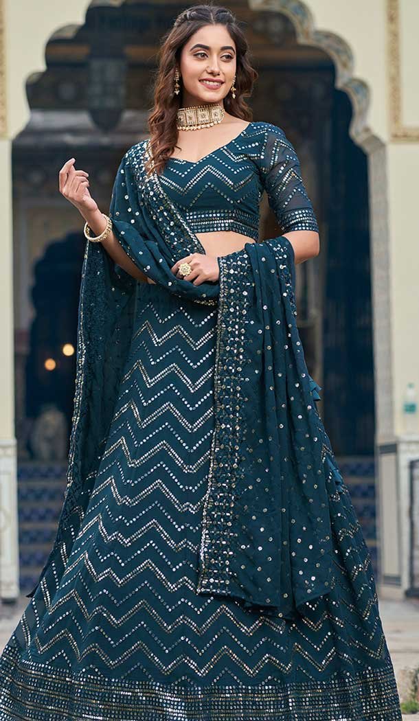 Teal Blue Georgette Resham Work Party Wear Lehenga Choli – 9816189760