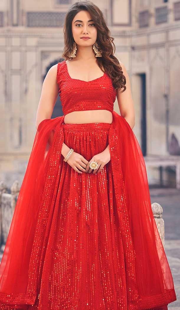 Red Georgette Sequence Work Party Wear Lehenga Choli – 9817189762