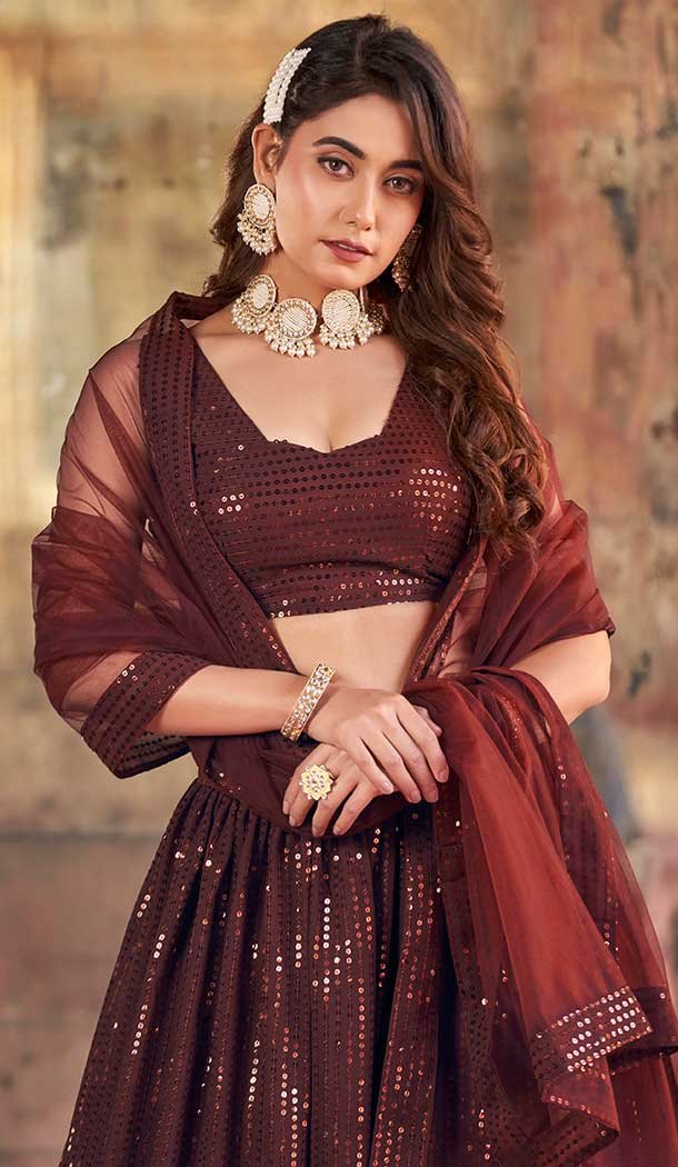 Brown Georgette Sequence Work Party Wear Lehenga Choli – 9817189768