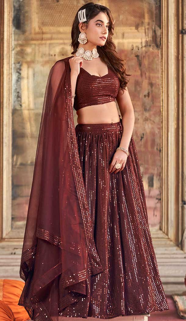 Brown Georgette Sequence Work Party Wear Lehenga Choli – 9817189768