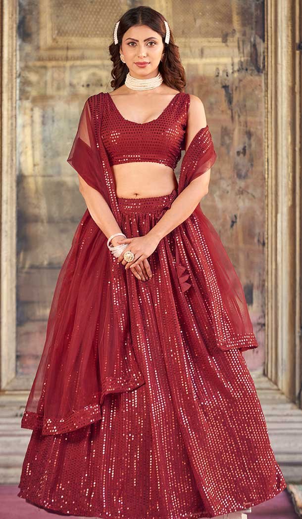 Maroon Georgette Sequence Work Party Wear Lehenga Choli – 9817189769