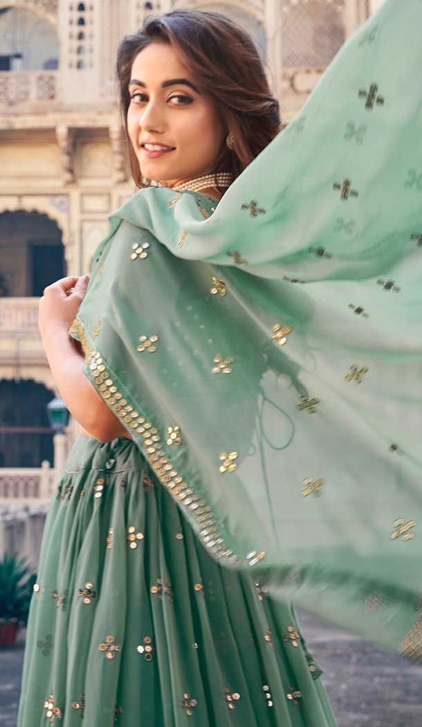 Sea Green Georgette Sequence Work Party Wear Lehenga Choli – 9818189771