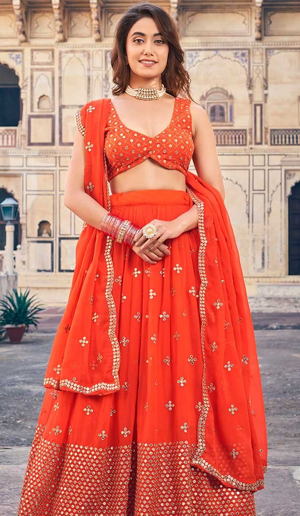 Orange Georgette Sequence Work Party Wear Lehenga Choli – 9818189773