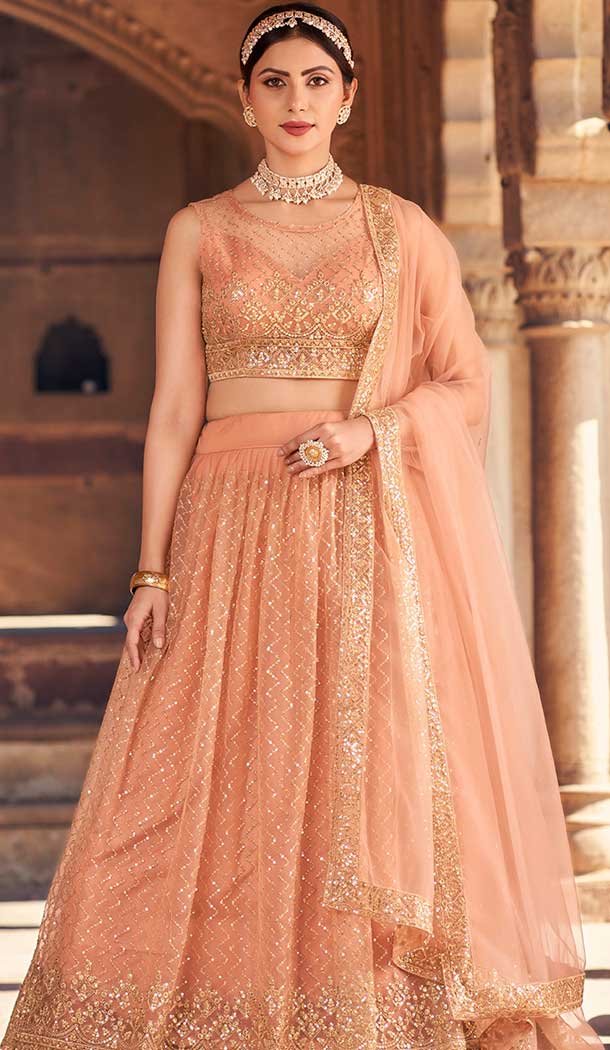 Net Embroidery Work Designer Wear Lehenga Choli In Rust – 9819189774