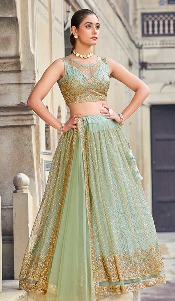 Net Embroidery Work Designer Wear Lehenga Choli In Green – 9819189776