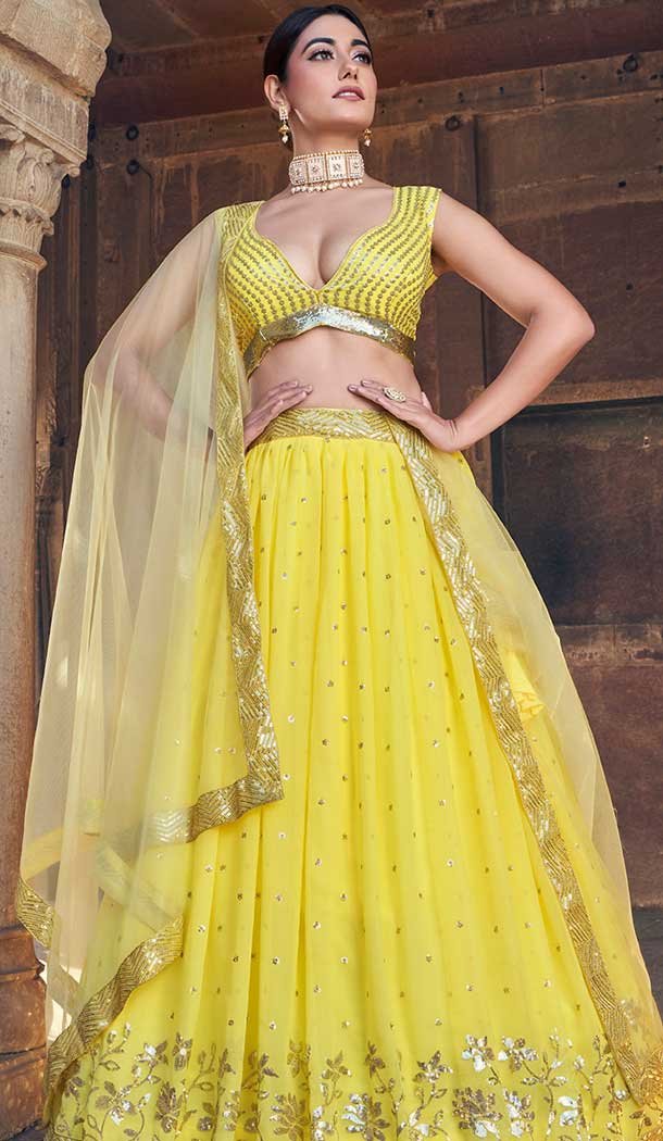 Georgette Sequence Work Party Wear Lehenga Choli In Yellow – 9820189777