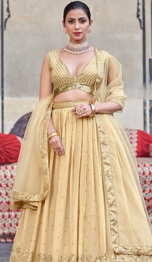 Georgette Sequence Work Party Wear Lehenga Choli In Cream – 9820189778