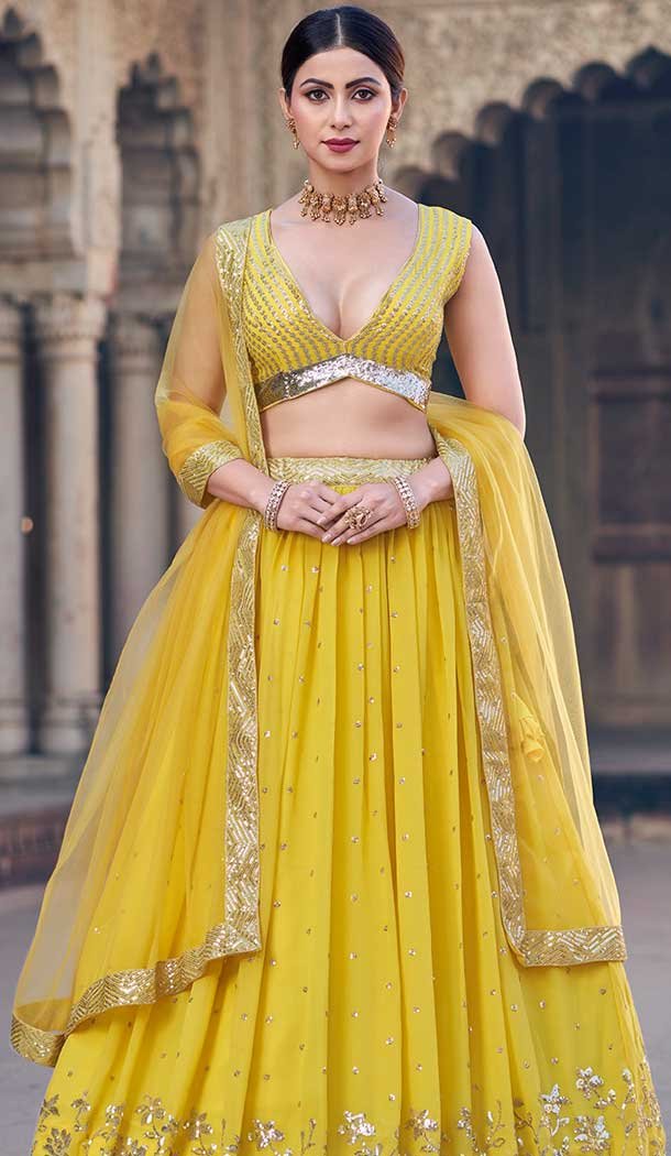 Georgette Sequence Work Party Wear Lehenga Choli In Lemon Yellow – 9820189779