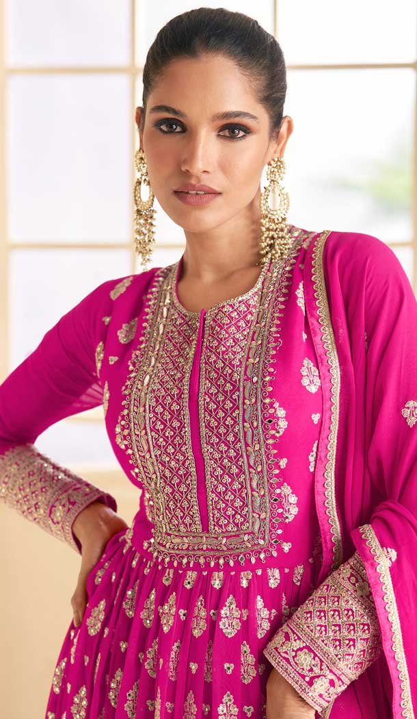 Rani Pink Georgette Embroidered Party Wear Gown – 9840189908