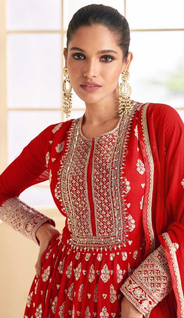 Red Georgette Embroidered Party Wear Gown – 9840189910