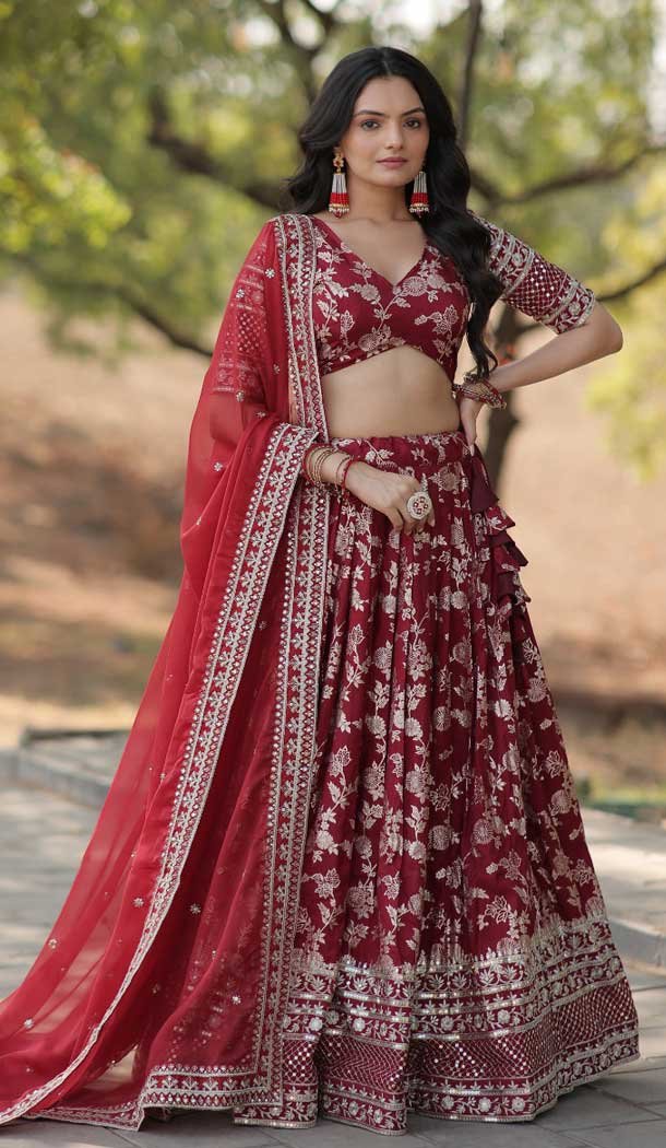 Maroon Viscose Jacquard Embroidered Party Wear Lehenga Choli – 9899191133