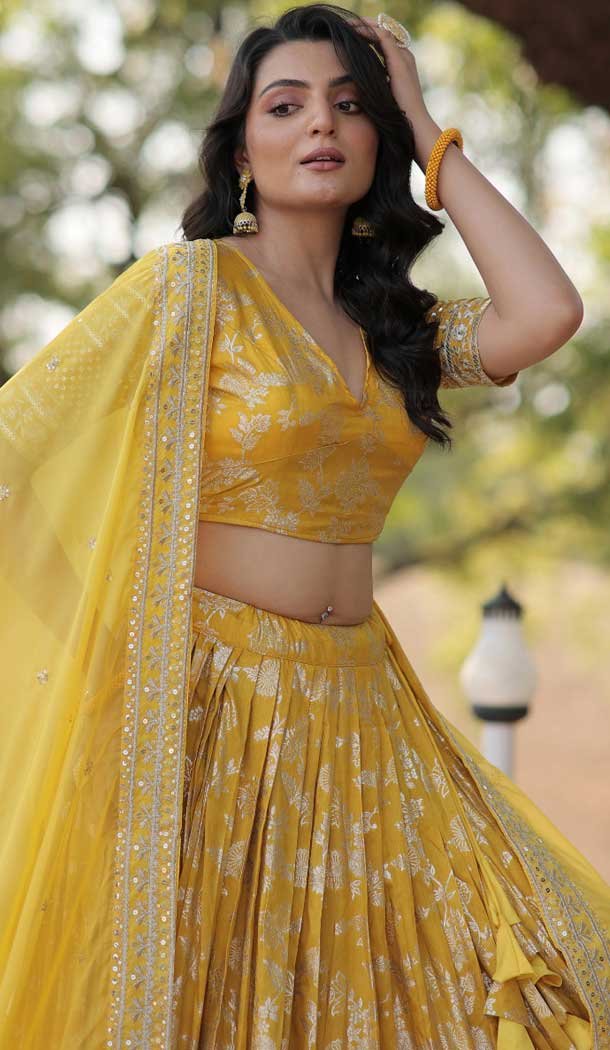 Yellow Viscose Jacquard Embroidered Party Wear Lehenga Choli – 9899191134