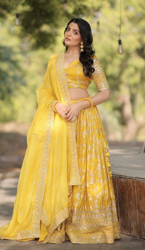 Yellow Viscose Jacquard Embroidered Party Wear Lehenga Choli – 9899191134