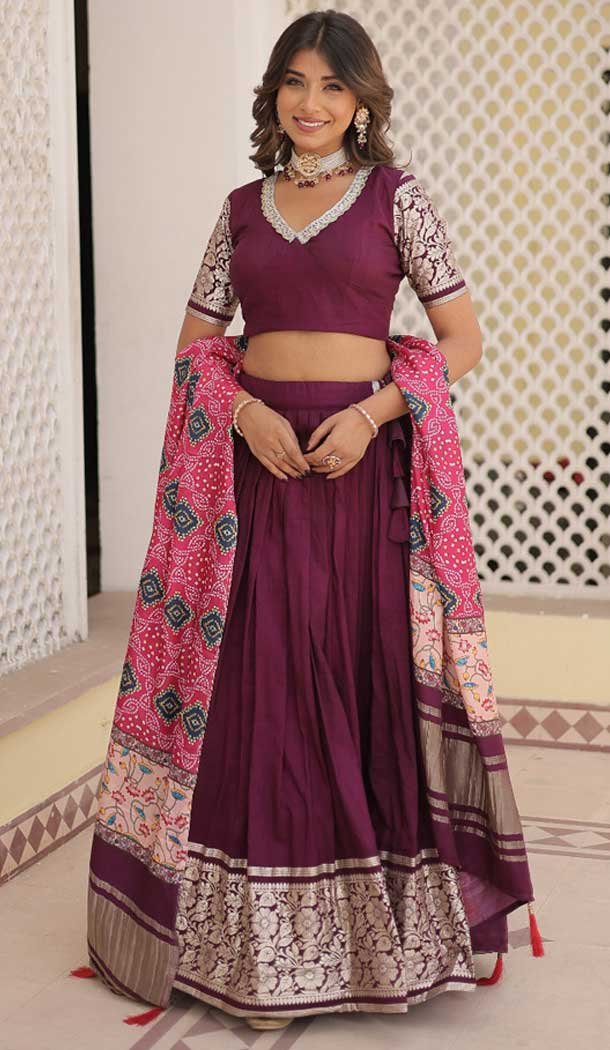 Wine Viscose Jacquard Printed Party Wear Lehenga Choli – 9900191137