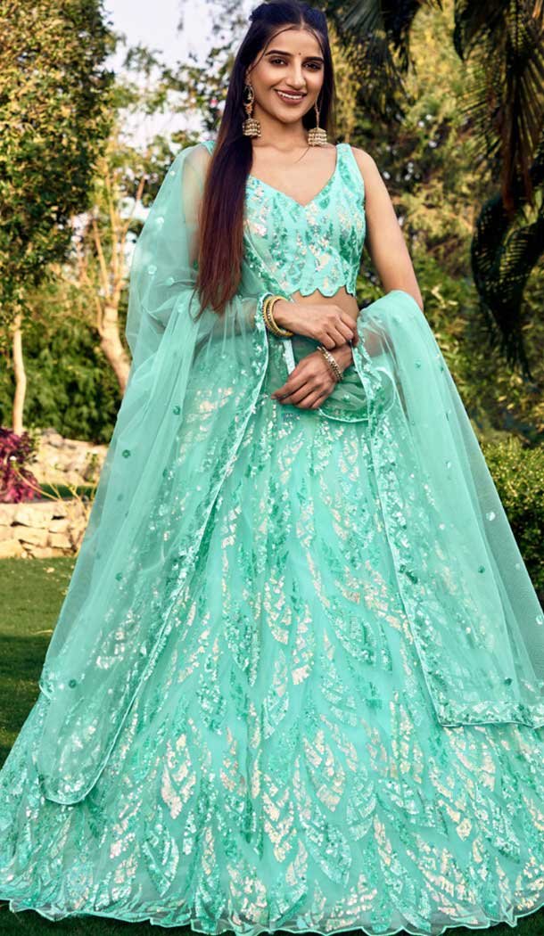 Aqua Blue Soft Net Sequins Embroidered Party Wear Lehenga Choli – 9937191339