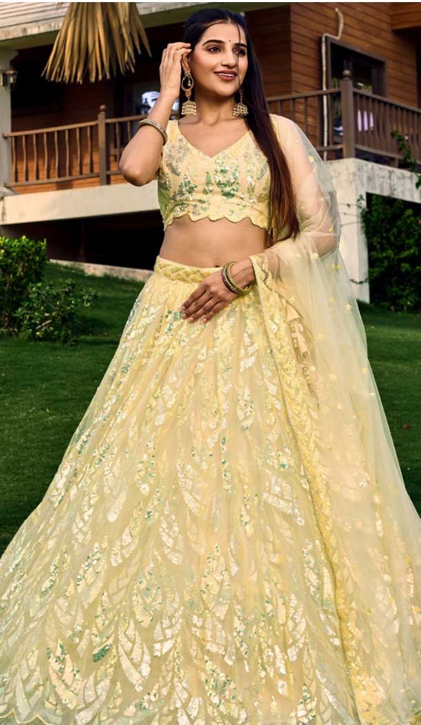 Light Yellow Soft Net Sequins Embroidered Party Wear Lehenga Choli – 9937191342