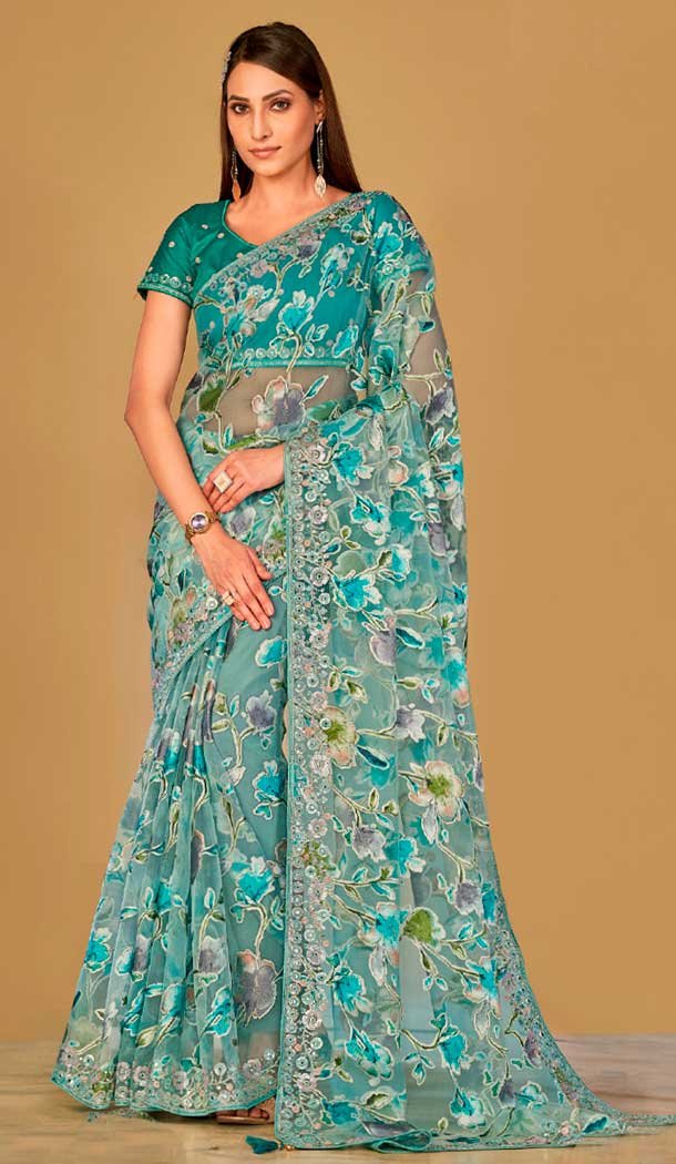 Sky Blue Organza Brasso Sequins Traditional Wear Saree – 9947191382