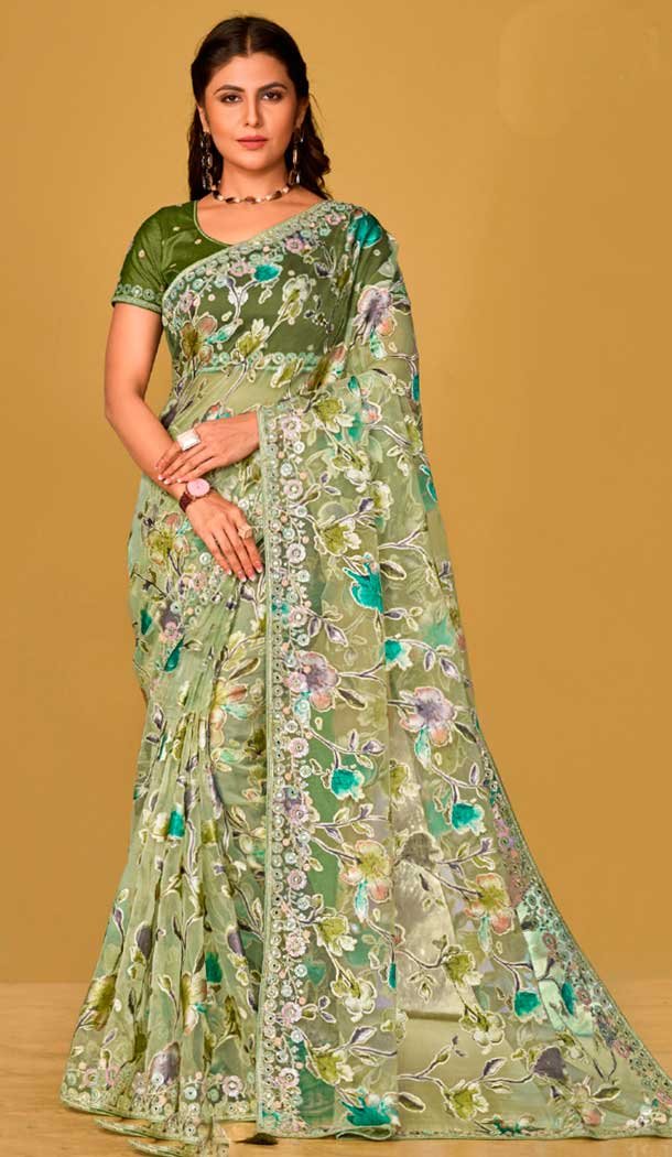 Olive Green Organza Brasso Sequins Traditional Wear Saree – 9947191383