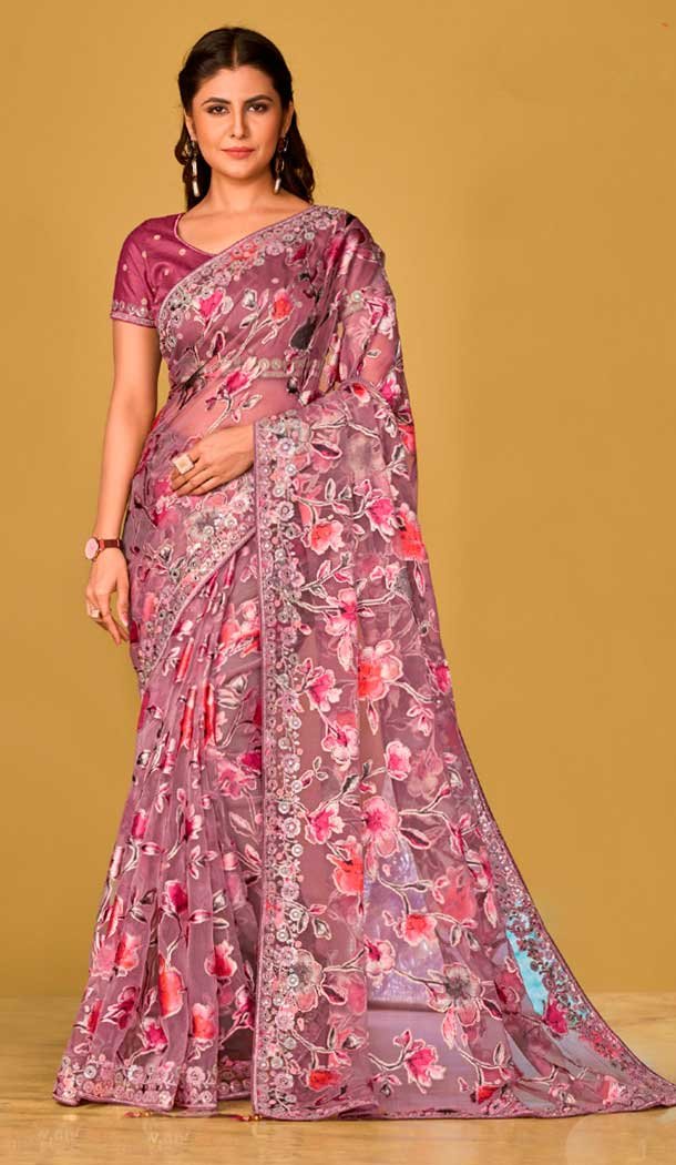 Rust Pink Organza Brasso Sequins Traditional Wear Saree – 9947191384