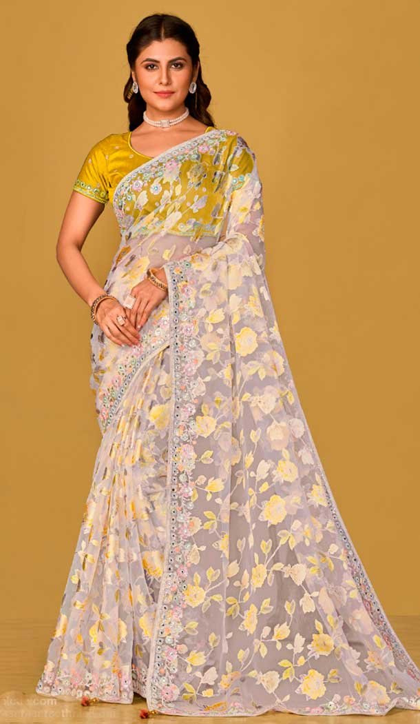 Off White Yellow Organza Brasso Sequins Traditional Wear Saree – 9947191385