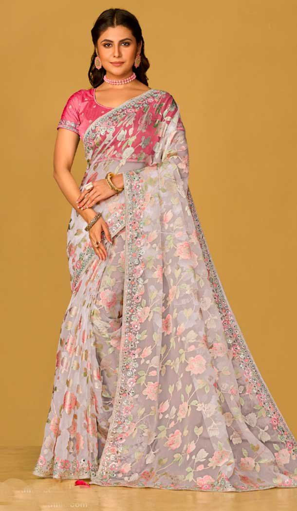 Off White Pink Organza Brasso Sequins Traditional Wear Saree – 9947191387