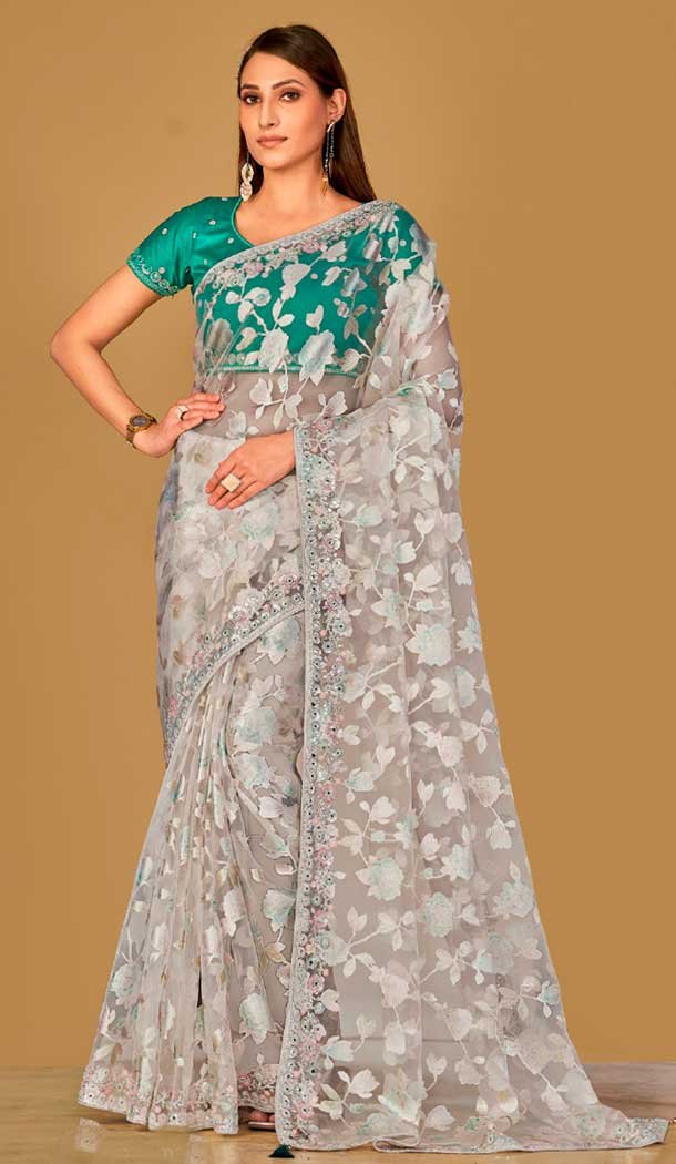 Off White Aqua Organza Brasso Sequins Traditional Wear Saree – 9947191388