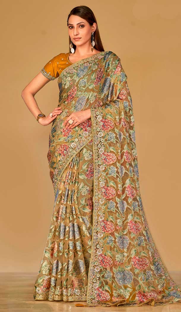 Brown Organza Brasso Sequins Traditional Wear Saree – 9947191390