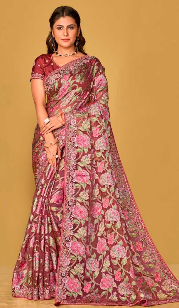 Light Wine Organza Brasso Sequins Traditional Wear Saree – 9947191391