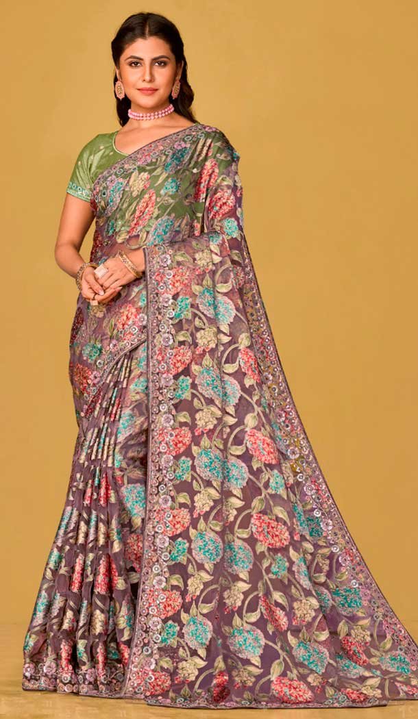 Organza Brasso Multi Color Sequins Traditional Wear Saree – 9947191392