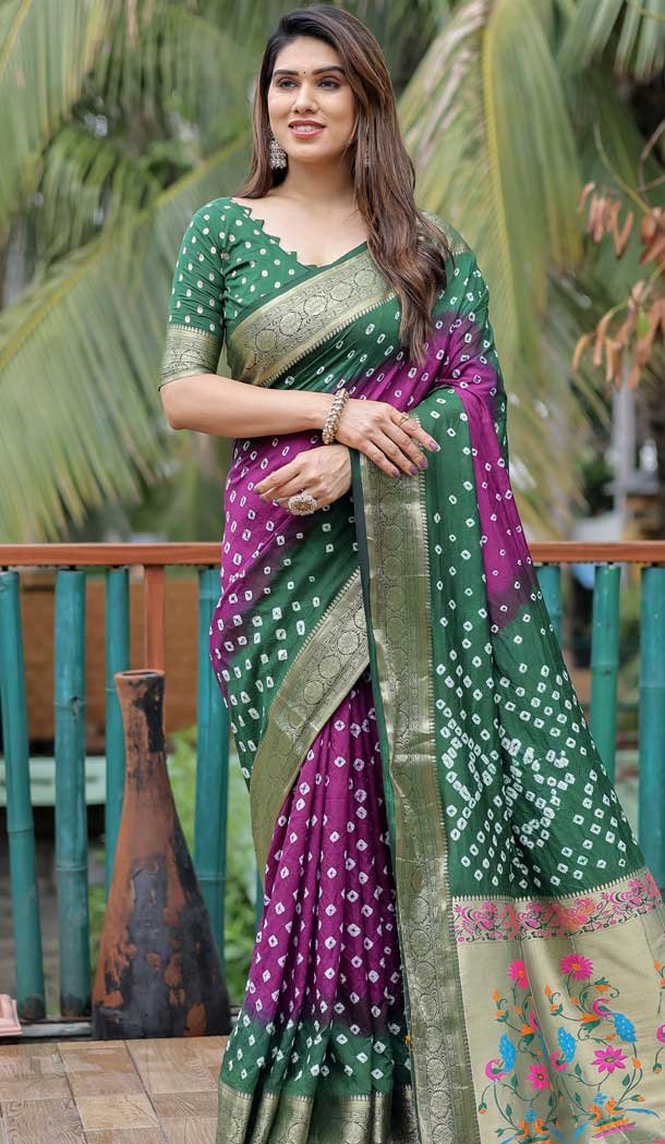 Green Dola Silk Bandhej Printed Traditional Wear Saree – 147361519