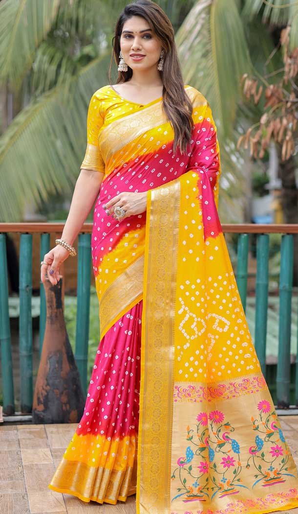 Yellow Dola Silk Bandhej Printed Traditional Wear Saree – 147361520