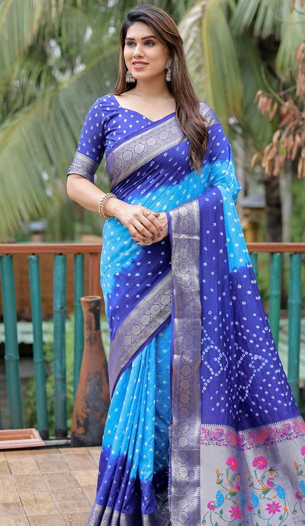 Blue Dola Silk Bandhej Printed Traditional Wear Saree – 147361521