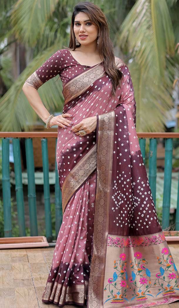 Brown Dola Silk Bandhej Printed Traditional Wear Saree – 147361522