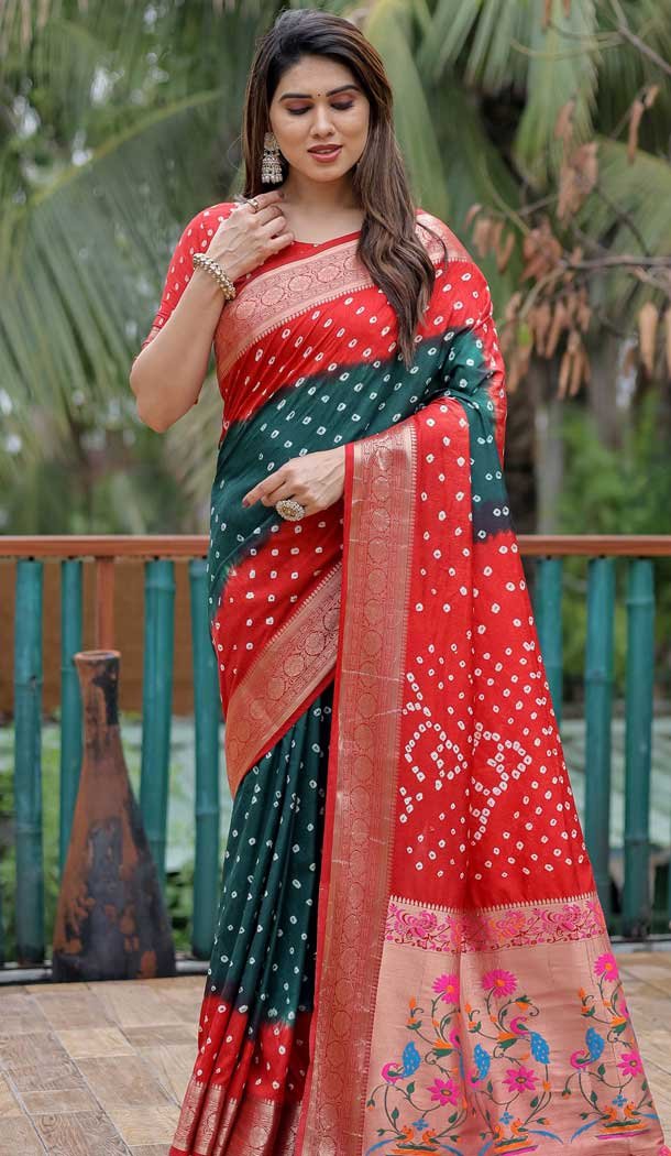 Red Dola Silk Bandhej Printed Traditional Wear Saree – 147361523