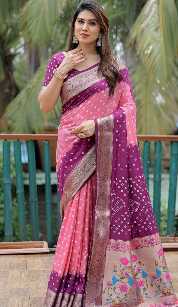 Magenta Dola Silk Bandhej Printed Traditional Wear Saree – 147361525