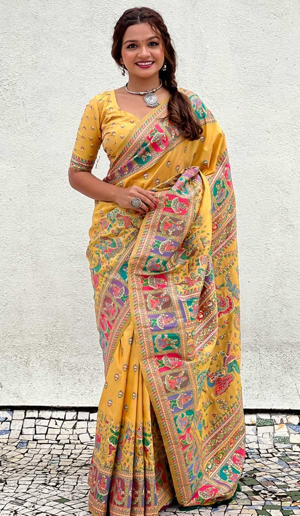 Pashmina Silk Meenakari Work Party Wear Saree In Yellow – 147371529