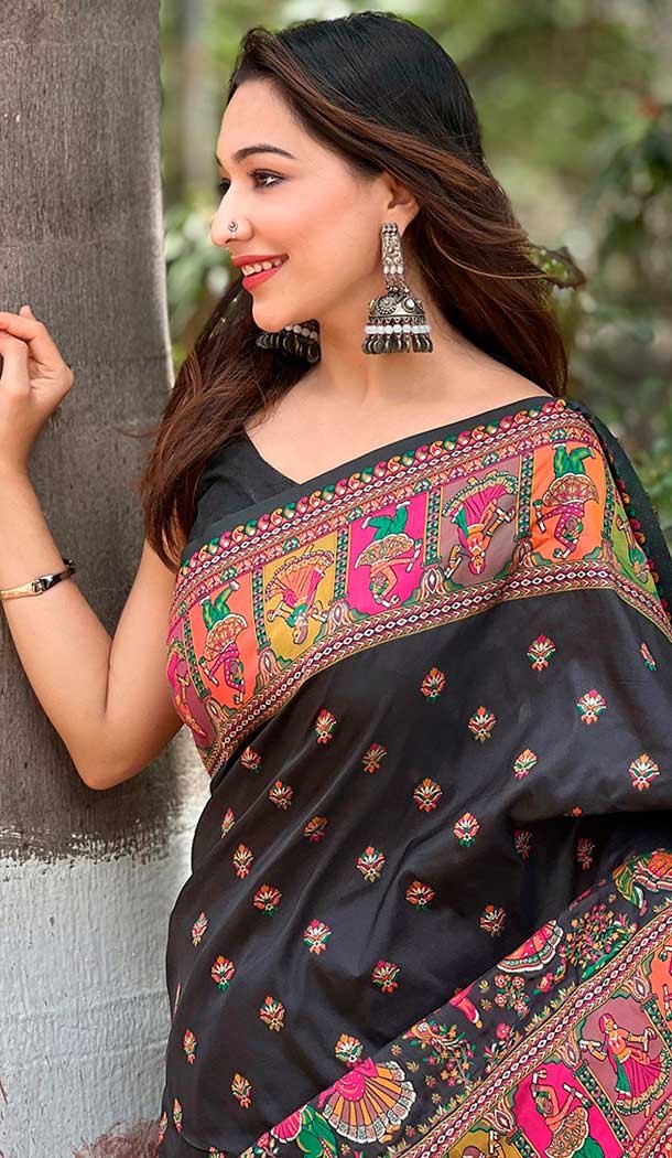 Pashmina Silk Meenakari Work Party Wear Saree In Black – 147371531