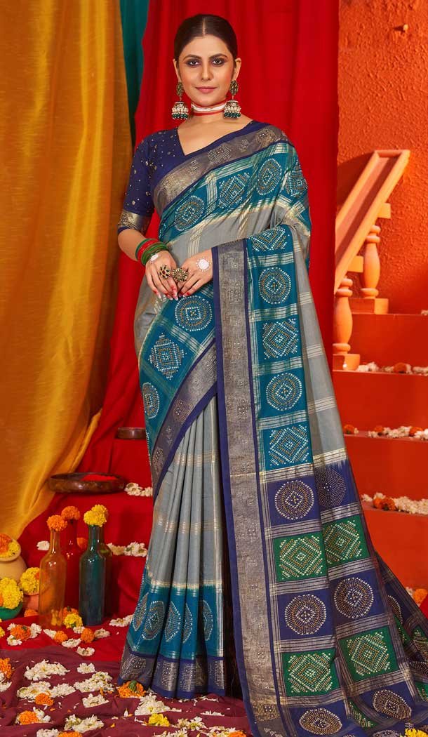 Grey Blue Tussar Silk Swarovski Work Party Wear Designer Saree – 147441598