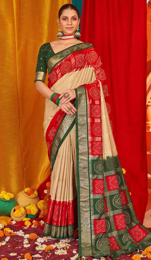 Beige Red Tussar Silk Swarovski Work Party Wear Designer Saree – 147441599