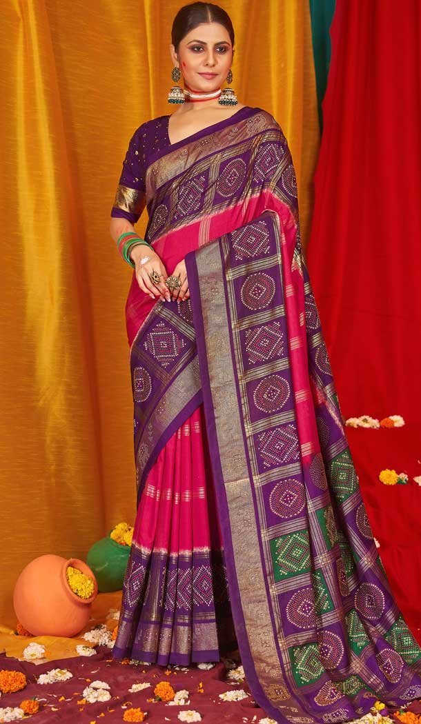 Pink Purple Tussar Silk Swarovski Work Party Wear Designer Saree – 147441600