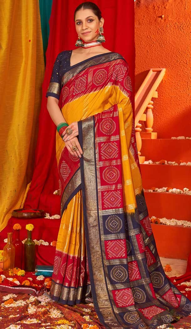 Gold Red Tussar Silk Swarovski Work Party Wear Designer Saree – 147441601