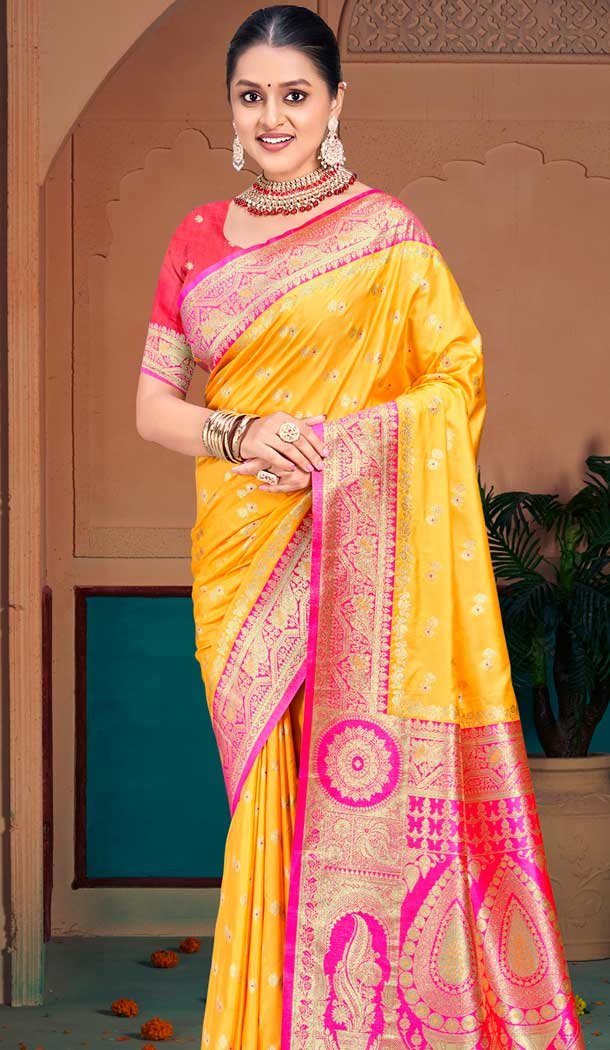 Silk Woven Jacquard Party Wear Saree In Yellow – 147471615