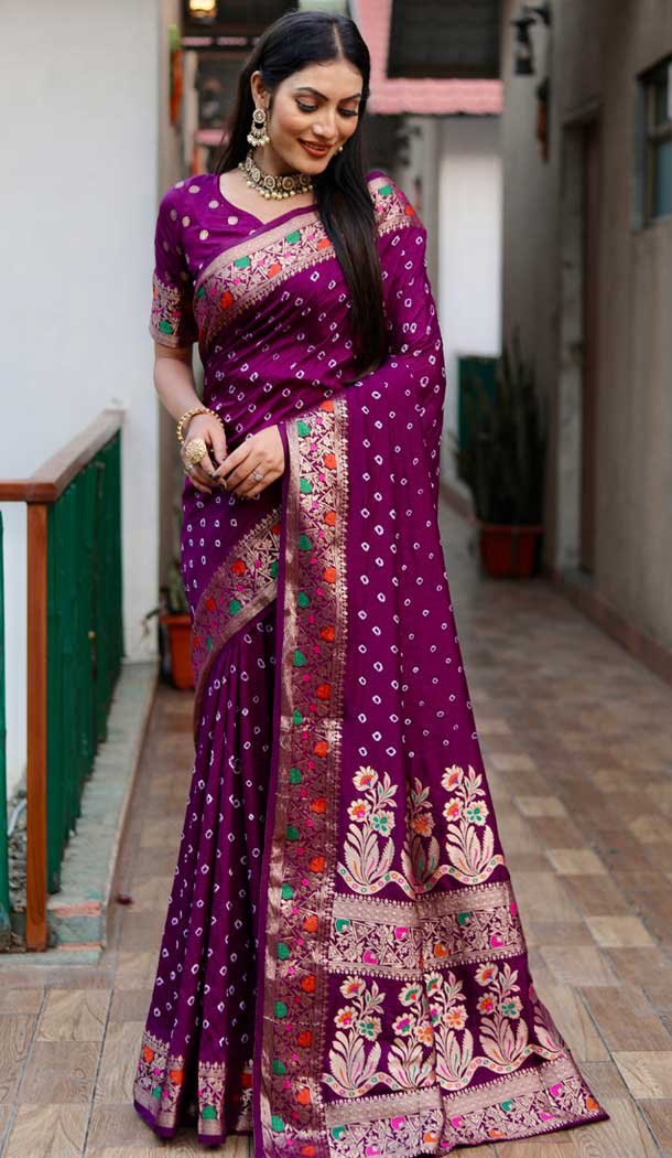 Paithani Silk Bandhej Work Traditional Wear Saree In Purple – 147531645