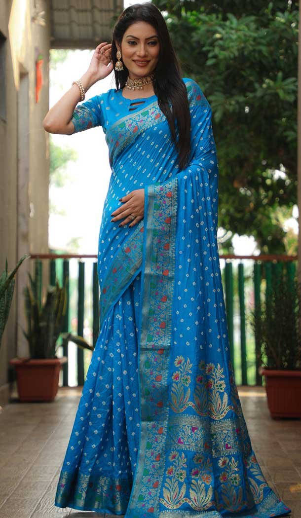 Paithani Silk Bandhej Work Traditional Wear Saree In Blue – 147531647